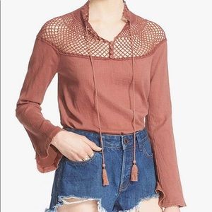 Free People On the Island Bell Sleeve Top XS Lace Crochet Fishnet